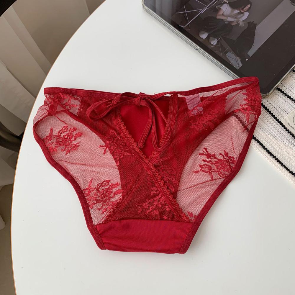 Women's Panties Low Waist Lace Transparent Sexy Mesh Hollow Out Bowknot Satin Panties Cotton Crotch Briefs
