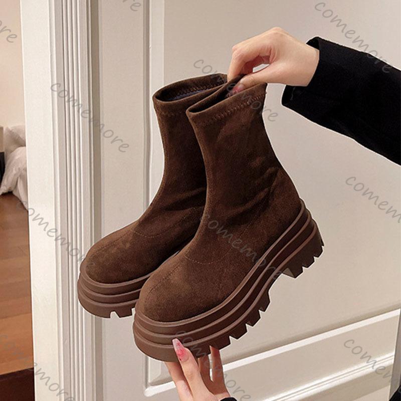 Comemore Thick Bottom Short Boots Women Autumn Winter Shoes Vintage Platform Slip On Suede Solid Ankle Boots for Women