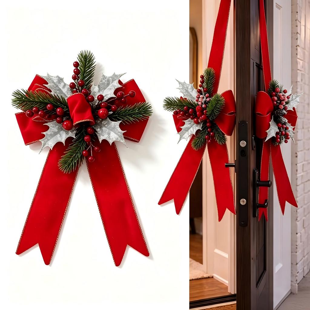 Red Velvet Double Bow w/Pine Branches Christmas Door Bows Scapulars for Xmas Display Window Hanging Decor 2027 New Years Pendant