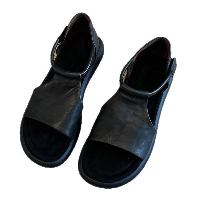 Soft leather version~ retro casual hollowed-out open-toed sandals women's summer new versatile soft-soled heightening Roman shoes