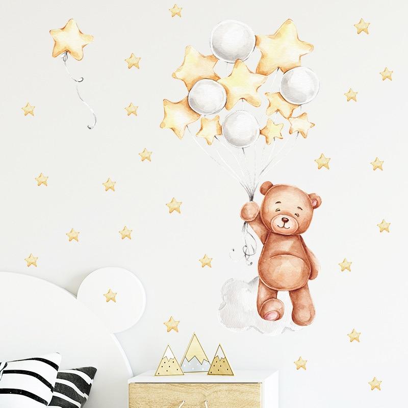 Cute Cartoon Bear Bunny Star Moon Wall Stickers for Kids Rooms Baby Room Wall Decor Wallpaper Girls Boys Bedroom Nursery Sticker