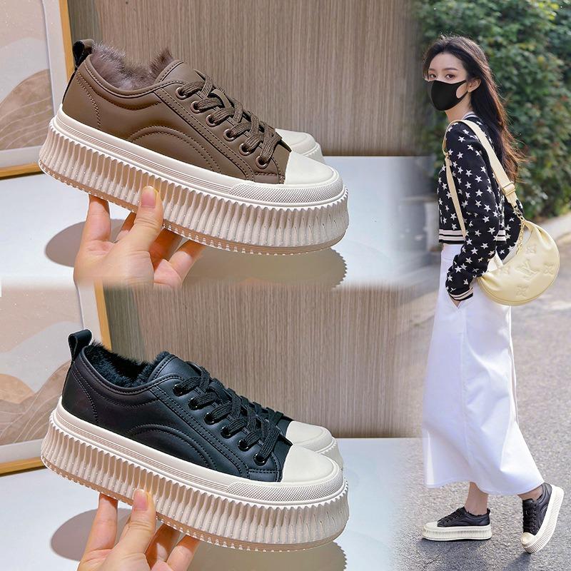 Real rabbit fur little white shoes women's autumn and winter new velvet biscuit shoes versatile casual shoes women's platform leather women's shoes