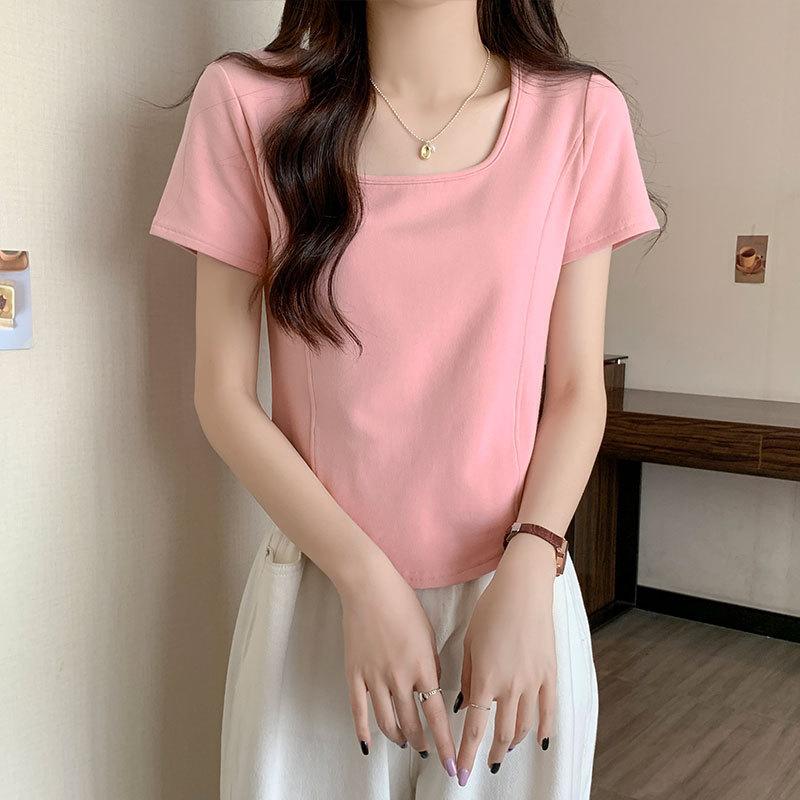 Youa and sassy right shoulder square collar short-sleeved slim T-shirt women's European summer new age-reducing fishbone short shirt
