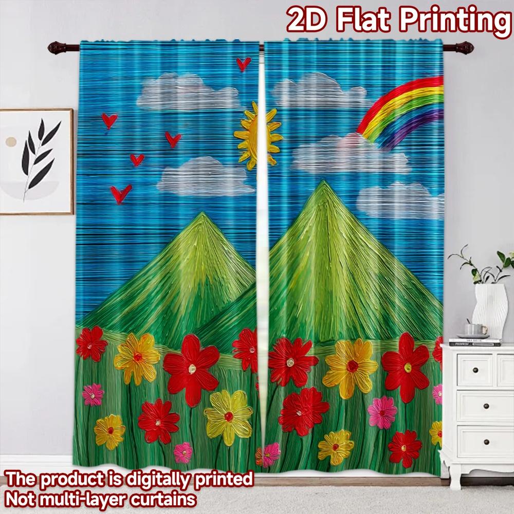 2D flat printing 2pcs Curtain Window Treatment Curtains Spring Rainbow Meadow Digital Printed Polyester Drapes Family Party for