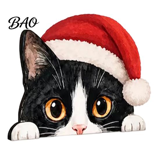 Desktop Cat Figurine Cute Shelf Sitter, Wooden Christmas Hat Peeking Desk Figurine, Funny Animal Small Statue Sign, Lover Gift for Holiday Home Office