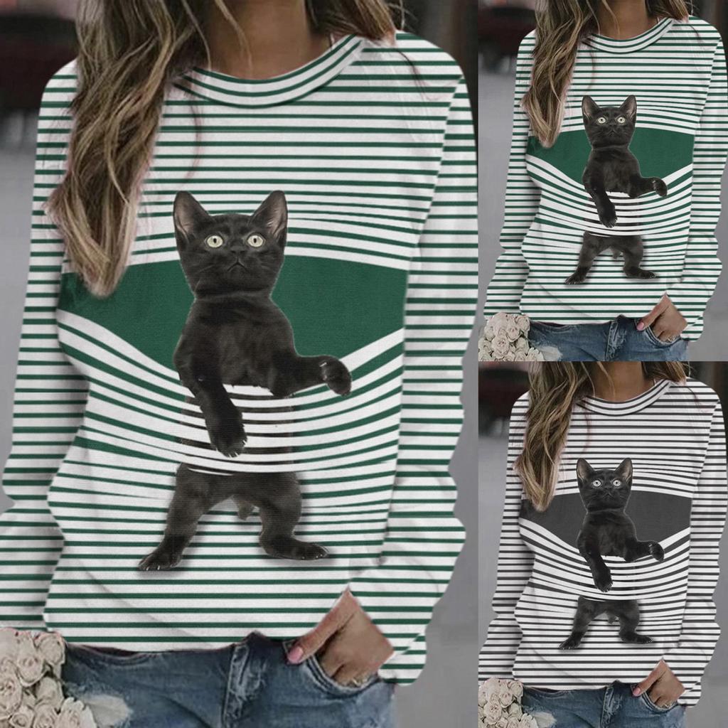 Womens Casual Crewneck Cartoon Cat  Striped Loose Soft Long Sleeve Pullover Tops
