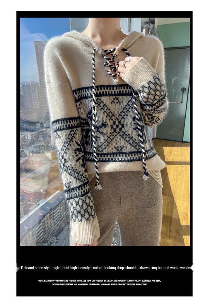 Women's 100% Pure Wool Color Block Hooded Pullover – Thickened Australian Knit Base Layer for Autumn/Winter