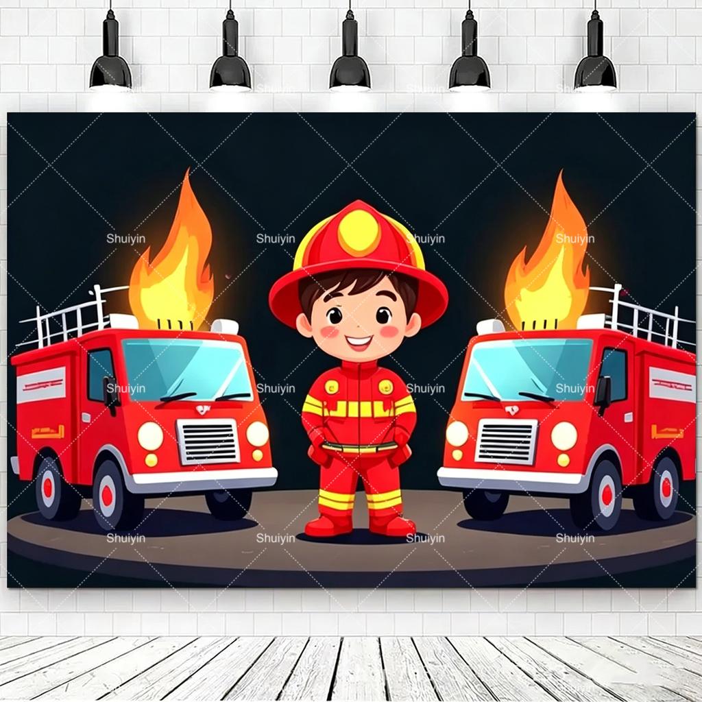 Sfondo a Tema Pompieri e Camion dei Pompieri Cartoni Animati Decorazioni Compleanno Ragazzo Fiamme Rosse Articoli per Feste Sfondo Fotografico