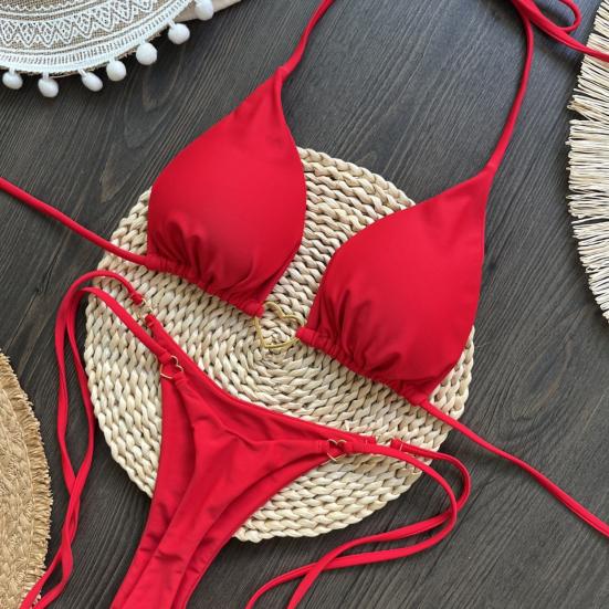 2Pcs/Set Women Bikini Set Heart Metal Buckle Halter Lace-up Swimsuit with Briefs Set