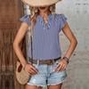 Chic Women's Striped V Neck Ruffle Blouse Short Sleeve Summer Tops