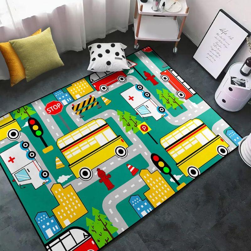 Construction Rugs for Boys Room Construction Play Non Slip Flannel Carpet for Playroom Decor Rug with Truck Tractor Print Mat