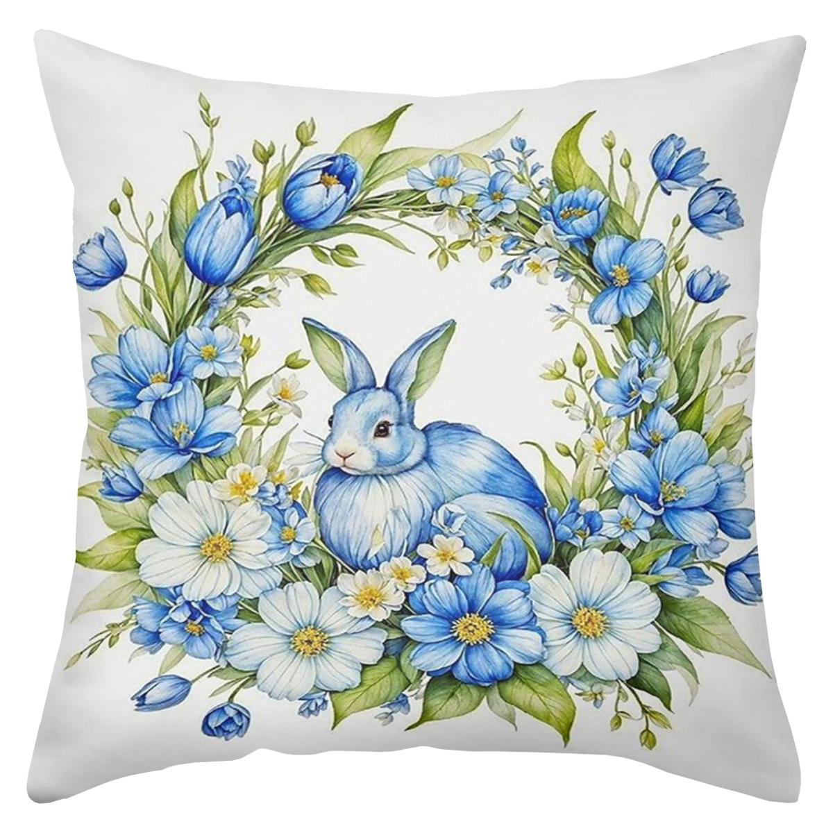 

Blue Floral Easter Pillows With Bunny And Eggs Polyester pillowcase, sofa decorative cushion cov Headboard Pillow 45x45cm