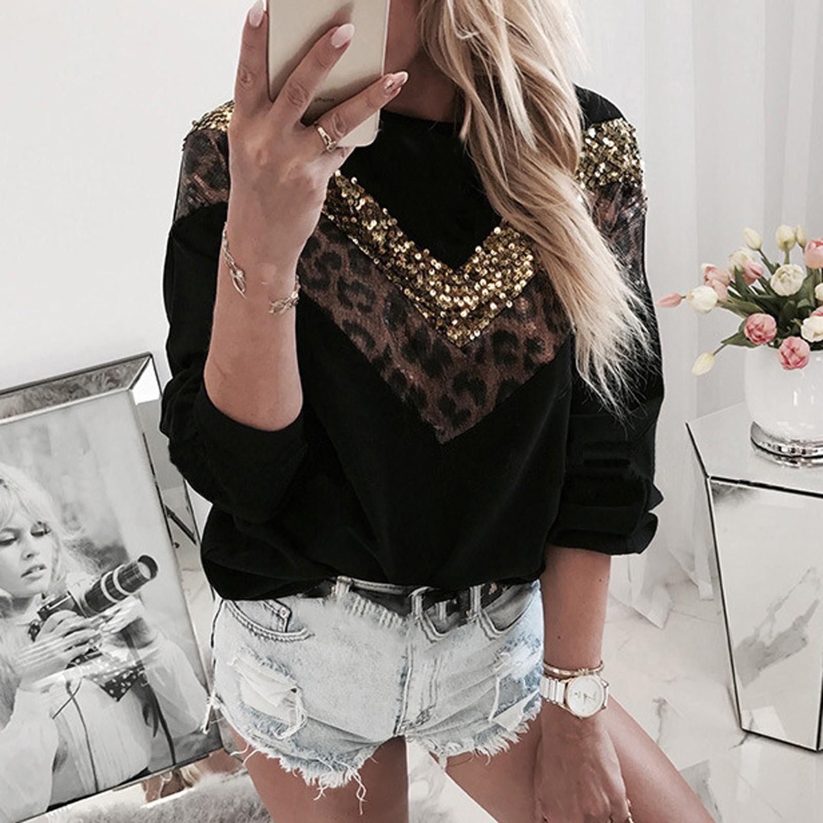 

Женская модная леопардовая блузка с длинным рукавом и подходящим топом-свитшотом L чёрный