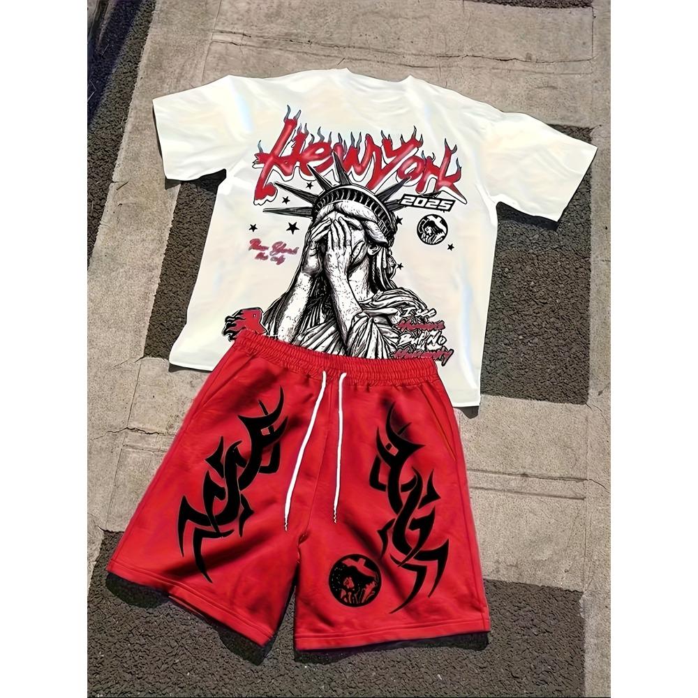 2026 New Spring American Hip-hop Style Men's Round-neck Top And Casual Shorts, Street Fashion Trend Men's Short-sleeved 2pcs Set