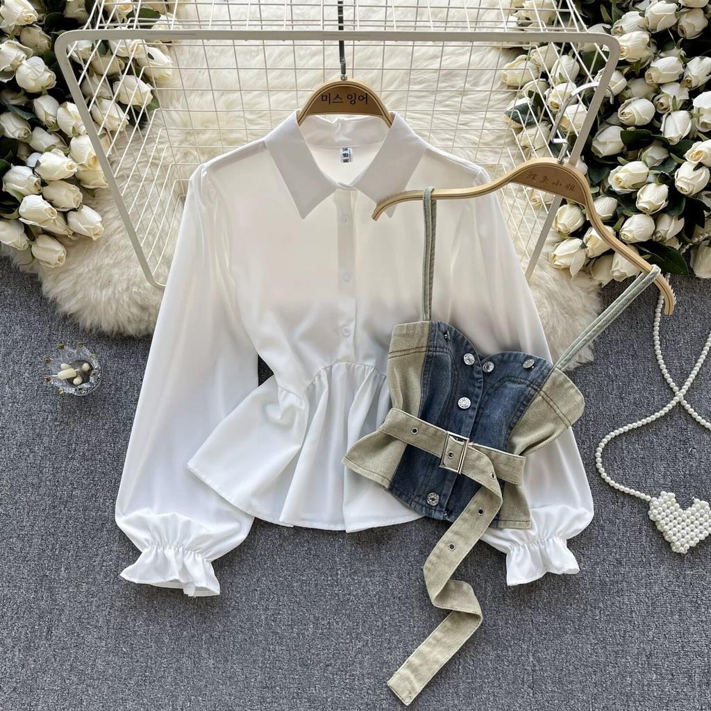 Koreanische Serie Tragen Alter-Reduzierung Set Retro Denim Cami Gestapelt Alle-Matching Puff Sleeve Shirts Zwei-stück Set Top