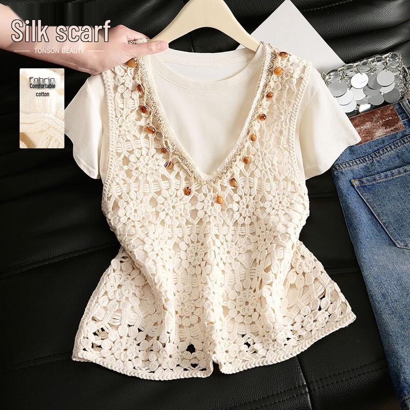 Women s V-Neck Hollow-Out Pure Cotton Vest One Size