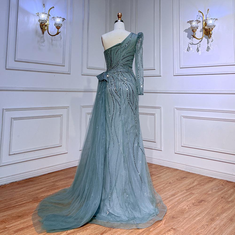 Aqua green single shoulder long sleeve split harpoon tail long dress light luxury temperament celebrity banquet host dress LA11011