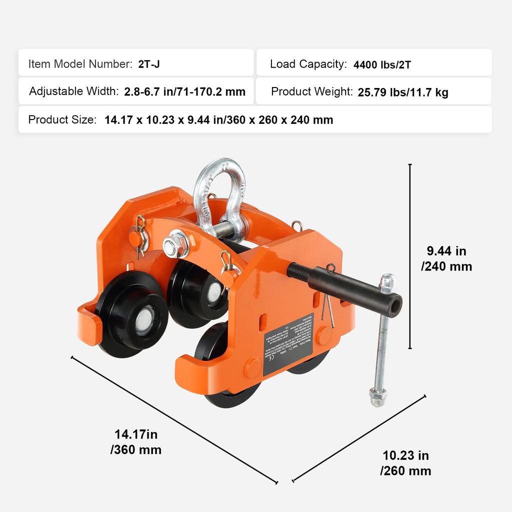 SucceBuy 2T Push Beam Trolley with Dual Wheels Alloy Steel Garage Hoist for Straight Curved I Beam Flange Width 2.8"-6.7"