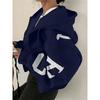 Loose Fit Women Hoodie With Letter Print Long Sleeve Drawstring Color Block Casual Sweatshirt