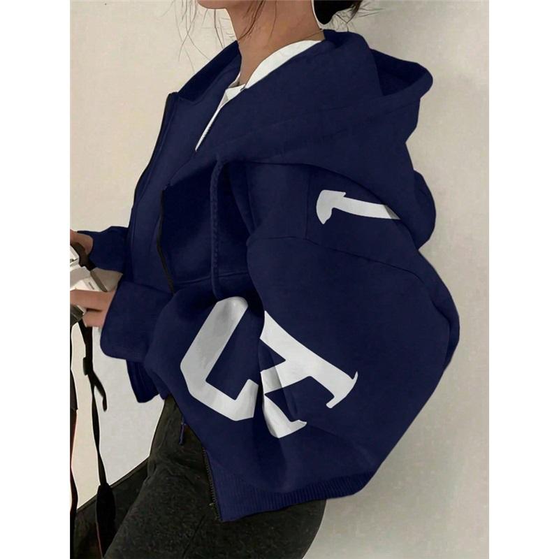 Loose Fit Women Hoodie With Letter Print Long Sleeve Drawstring Color Block Casual Sweatshirt