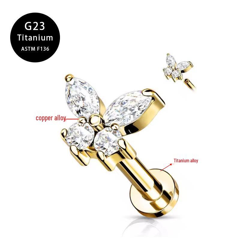 G23 Titanium Butterfly Lip & Ear Cartilage Stud Earrings with Internal Thread - Simple, Luxurious Design for Women's Piercings