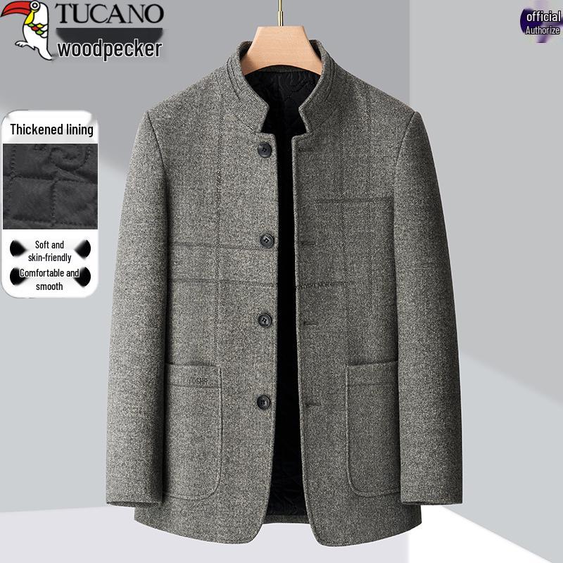 Woodpecker Men s Woolen Zhongshan Jacket: Thickened Autumn/Winter Stand Collar for Middle-Aged Dad 3XL