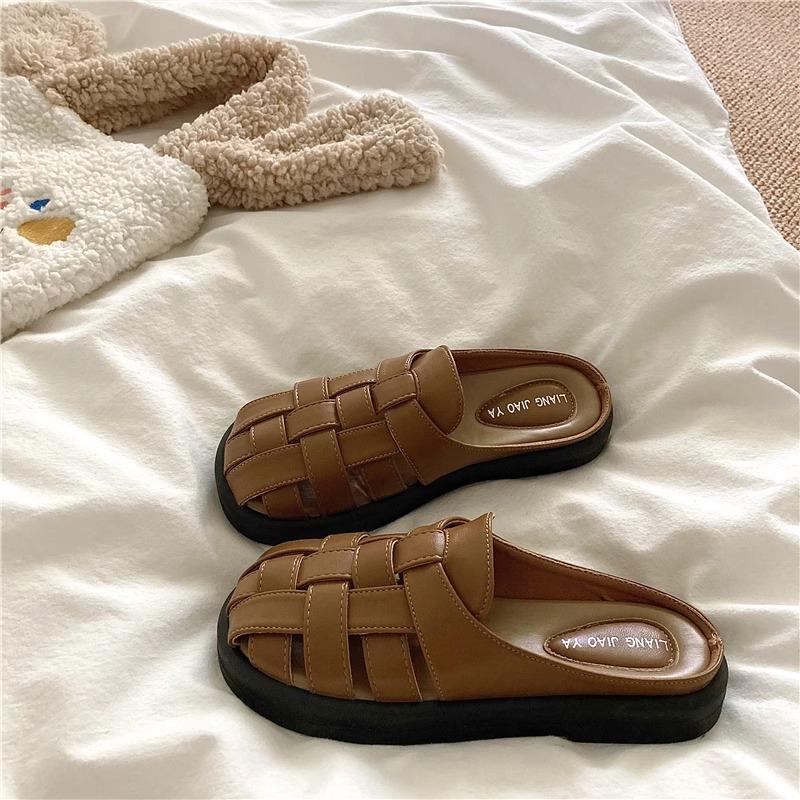 

2025 new lazy slippers women wear bag head Roman half slippers flat bottom one pedal beach half drag women s shoes 40