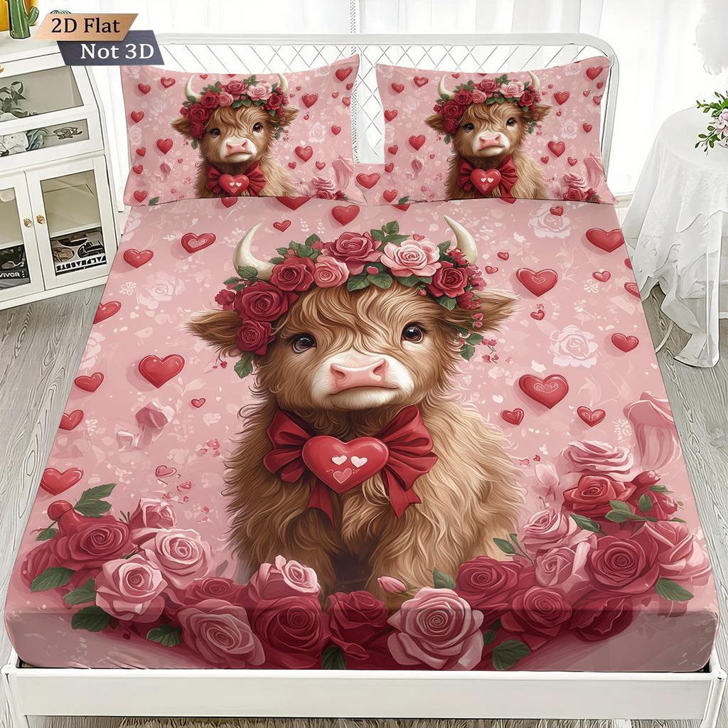 3pcs Valentine's Day Romantic Highland Cow Print coreless Bed Sheet Set Multiple Sizes Bed Cover Bedroom Bedding Decoration