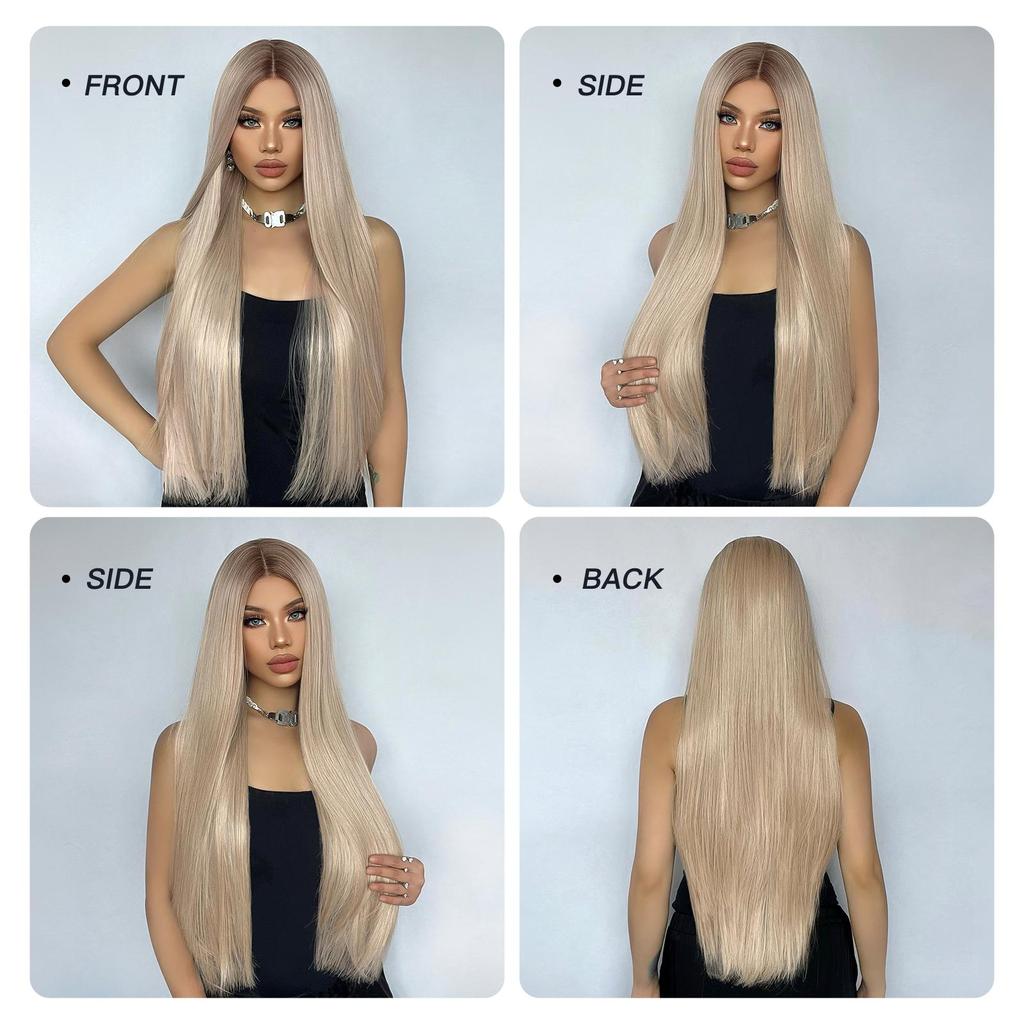 ALAN EATON Superlange Lace-Front-Perücke, gerade, blonde Perücken mit dunklem Ansatz, für Damen, Alltag, Party, Cosplay, Hochzeit, hohe Dichte