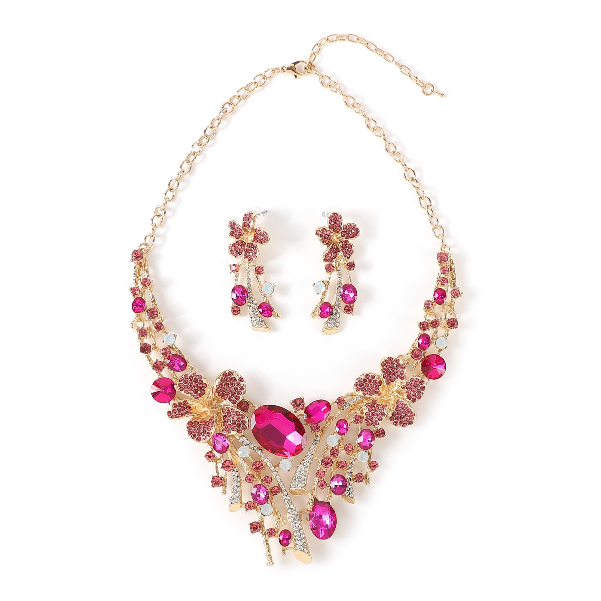 [KK Solis] Orchid Motif Earrings & Necklace Set with Marquise & Teardrop Crystals - Perfect for Concerts, Dance Performances, Recitals,