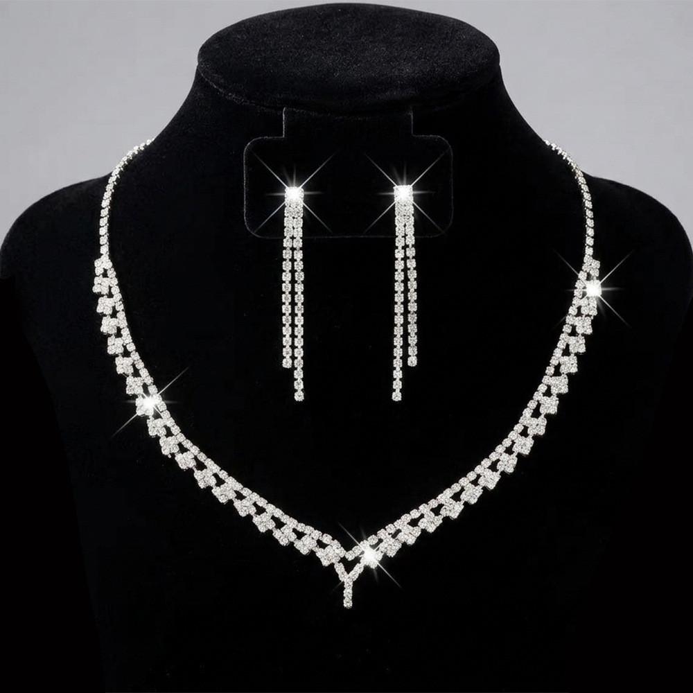 Geometric Alloy Necklace Earrings Set For Wedding With Water Drill Pendants