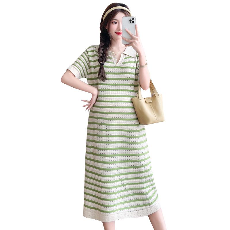 2026 Summer Striped Knit V-Neck Mid-Length Maternity Dress