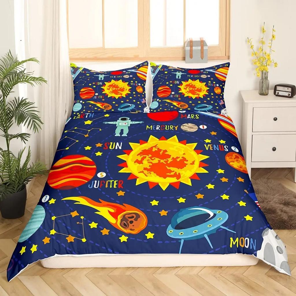 Planet Kids Duvet Cover Planets Rockets Airships Outer Space Galaxy Bedding Set,Stars Dots Comforter Cover Cartoon Quilt Cover