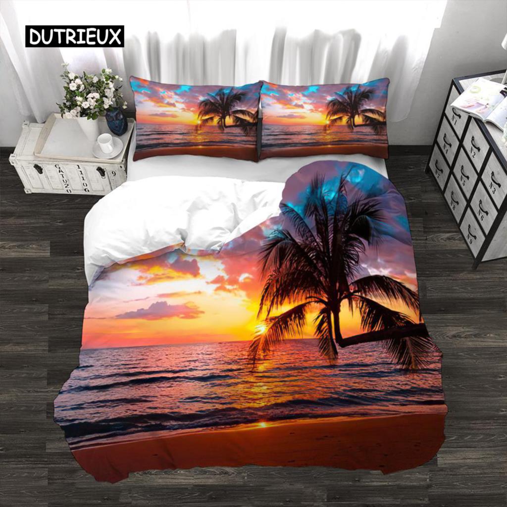 Palm Leaves Bed Cover Package Full Size Hawaiian Tropical Palm Tree Nature Scene Comforter Cover Sunset Dusk King Dimension Size Bed Cover Package EU single(135x200cm)