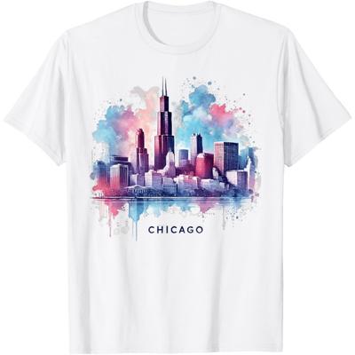 Chicago City Skyline Cityscape Watercolor Tourists Men Women T-Shirt(1)