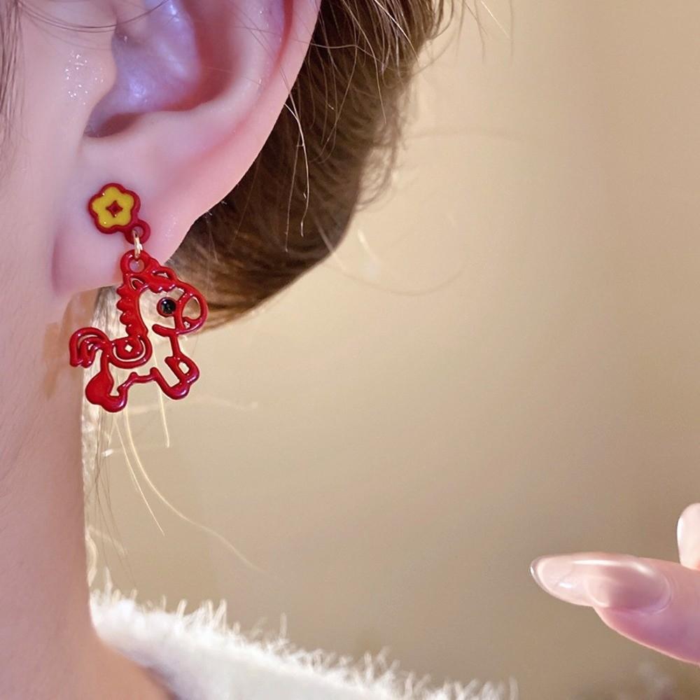 Chinese Style Red Pony Earrings Cartoon Horse Horse Mascot Drop Earrings  Party