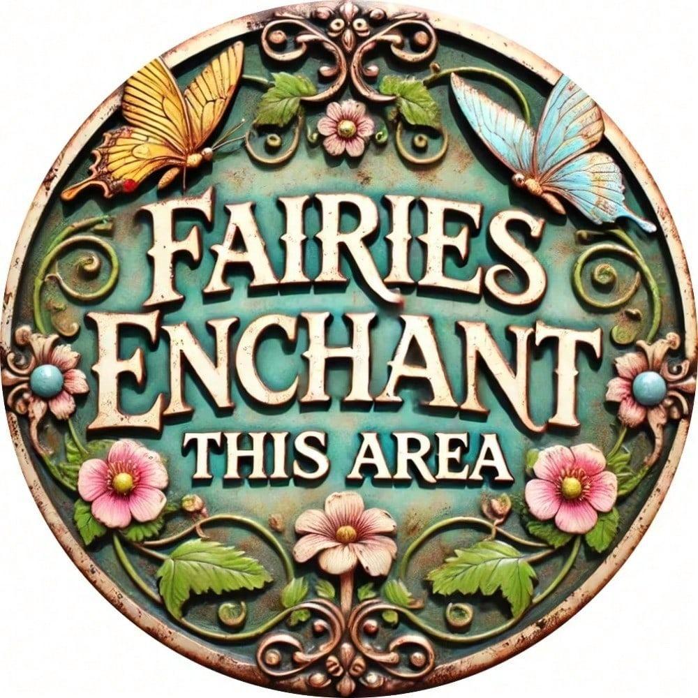 2D Fairy Butterfly Round Metal Sign Vintage 8In Garden Wall Art Floral Decor