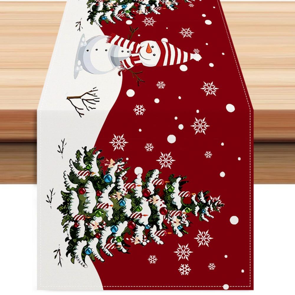 Christmas Red Plaid Table Runner with Gnome Snowman Print for Home Dining Room Decor