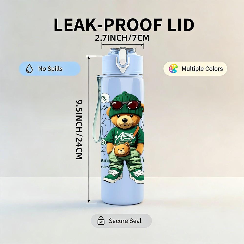 1PC Teddy Bear Green Army Outfit Print 750ml Color Plastic Sports Water Bottle Leakproof Flip Straw Lid Suitable for Sports Office Home Use
