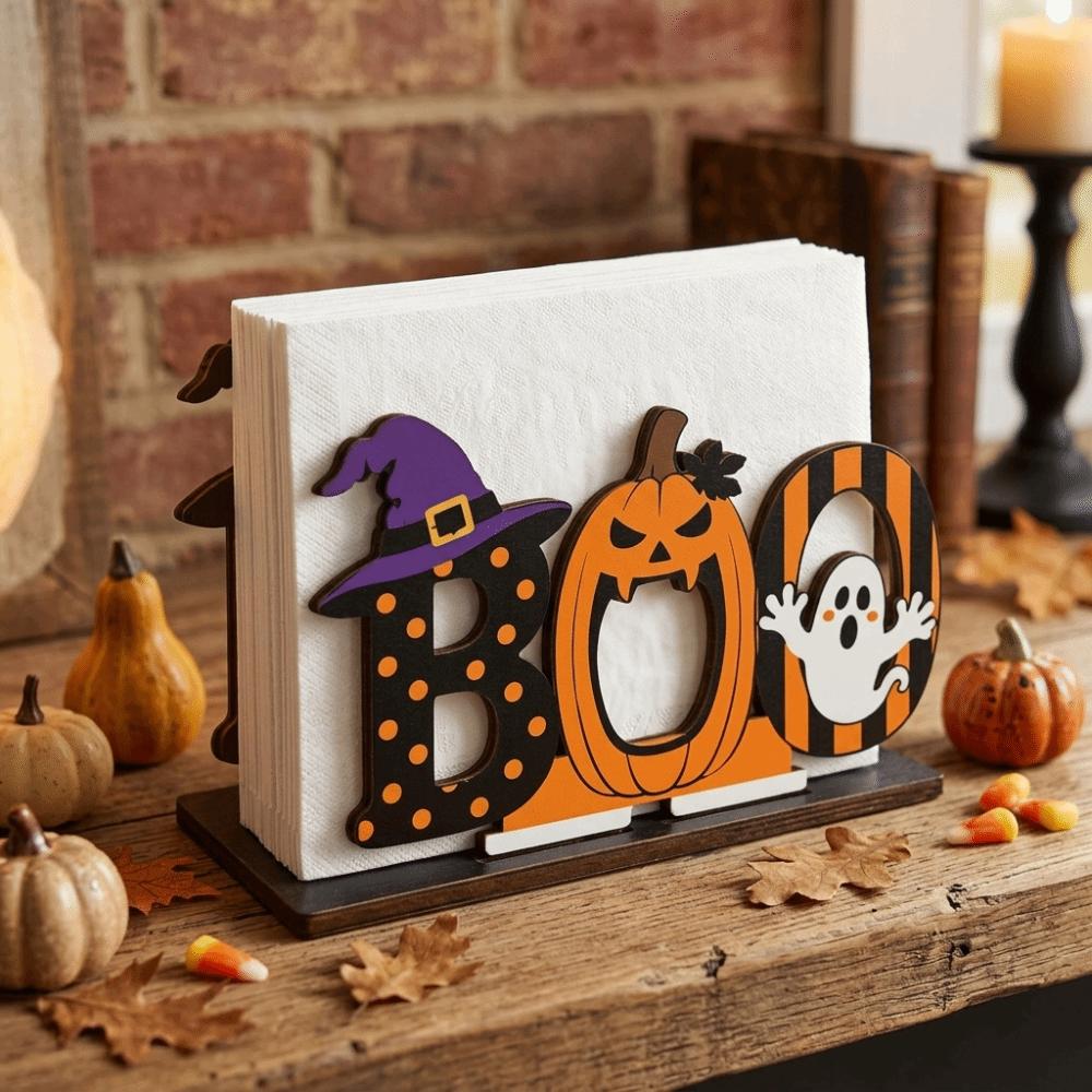 Wood Halloween Tissue Dispenser Cartoon 2D Flat Tissue Holder Wooden Napkin Holder Restaurant