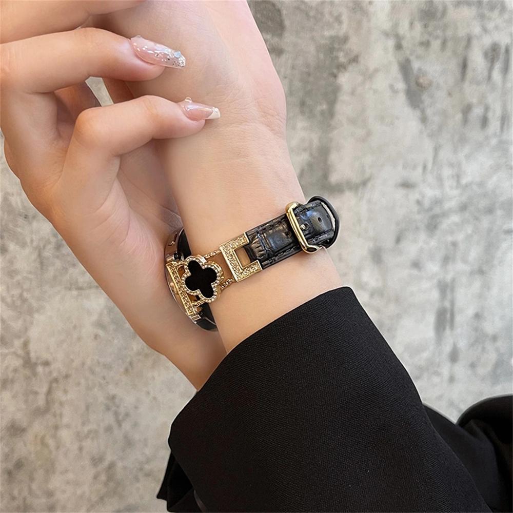 20mm 22mm Luxury Clover Diamonds Strap For Samsung Galaxy Watch 6 4 Classic 3 5 Pro 40 44 42 46 mm Leather Bracelet Women Band