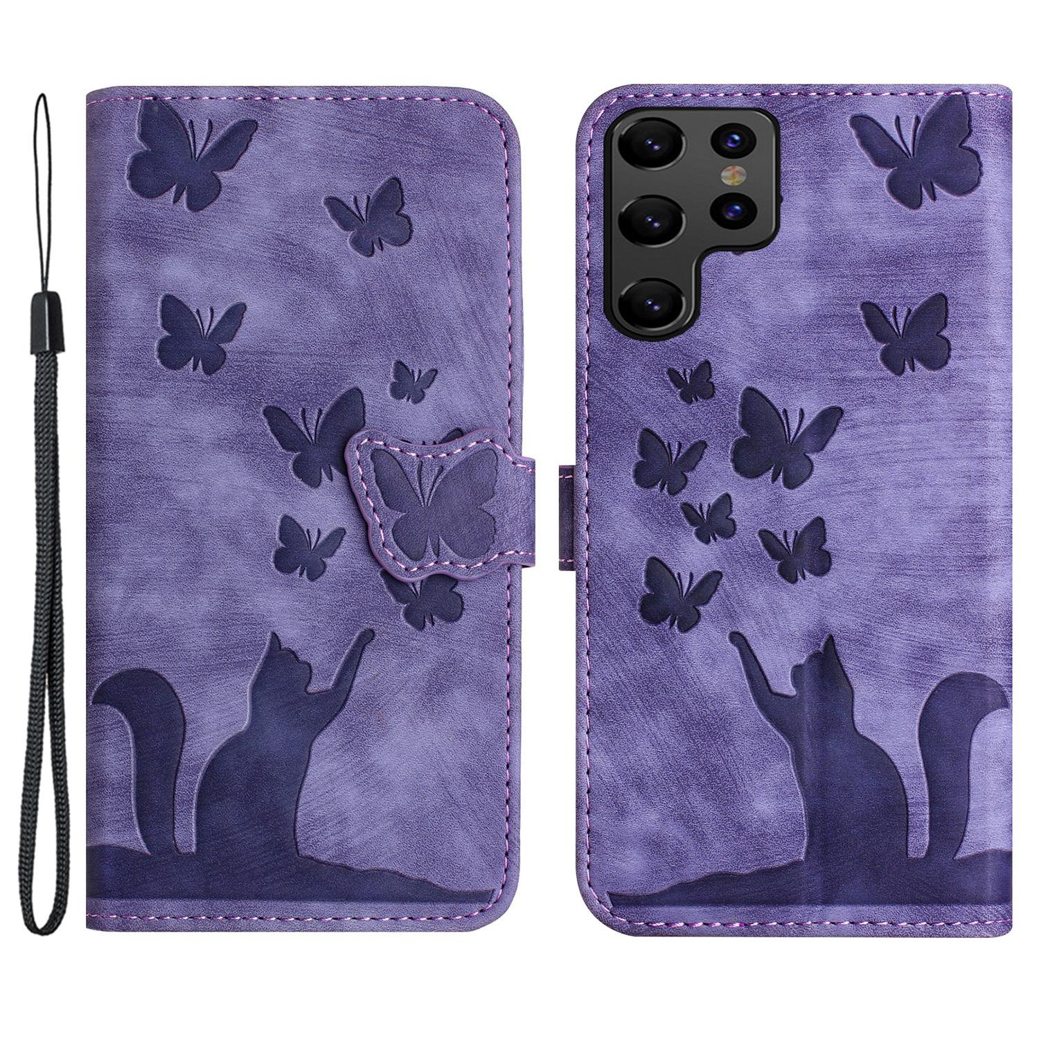 

For Samsung Galaxy S23 Ultra Case Wallet Card Holder Leather Phone Cover Cat Butterfly Imprinted Purple