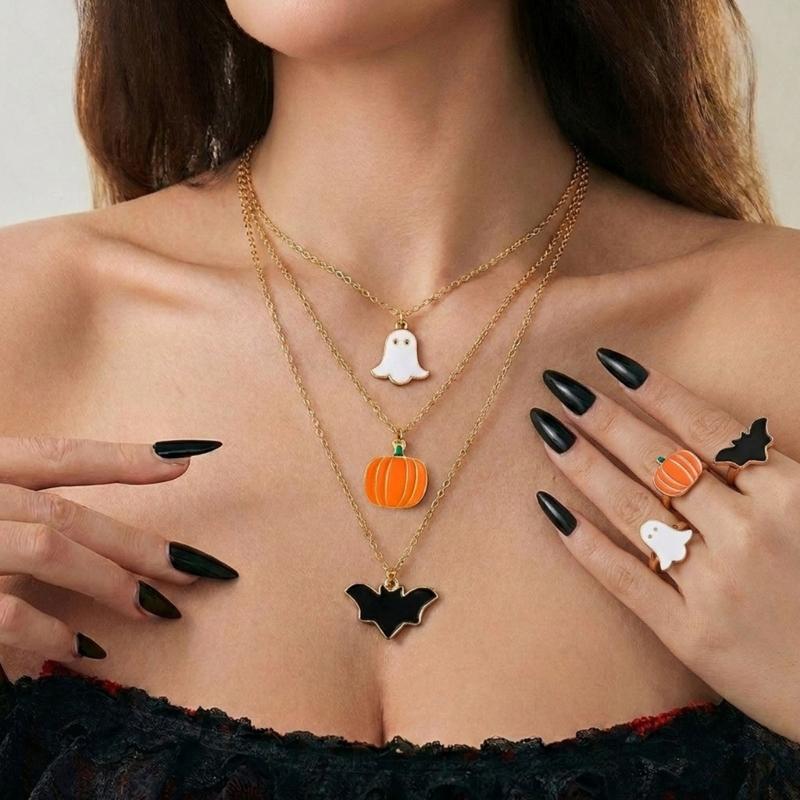Spooky Jewelry Set for Women, 9 Piece Pumpkin Bat Figure Necklace Ring Earring Collection for Halloween Parties, Cosplay, and Themed Outfits
