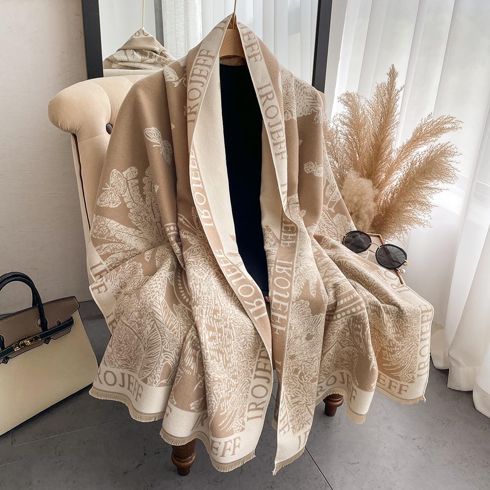 Luxe Winterroos Tweezijdig Kasjmier Jacquard Sjaals Hoge Kwaliteit Dames Verdikken Wikkel Sjaal Dames Wol Pashmina Sjaal black