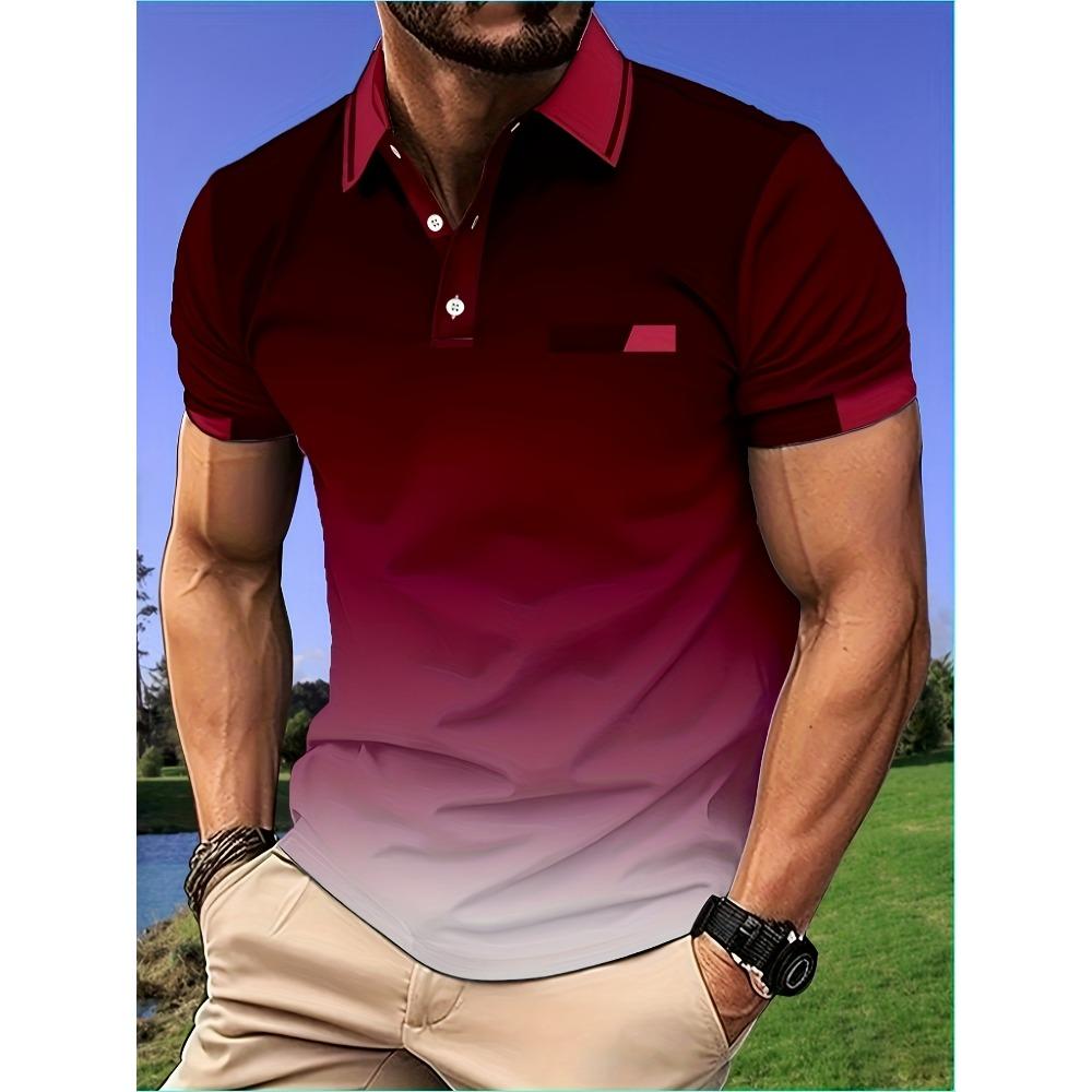 Men's Gradient Print Short-Sleeved Casual Sports T-Shirt with Stand-Up Collar and No Pockets - Summer Men's Clothing Gift
