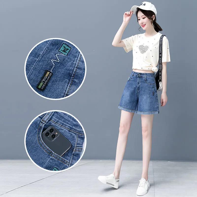 Damen Sommer Locker Hochtaillierte Denim Shorts Alternde Klappe A-Linien Shorts