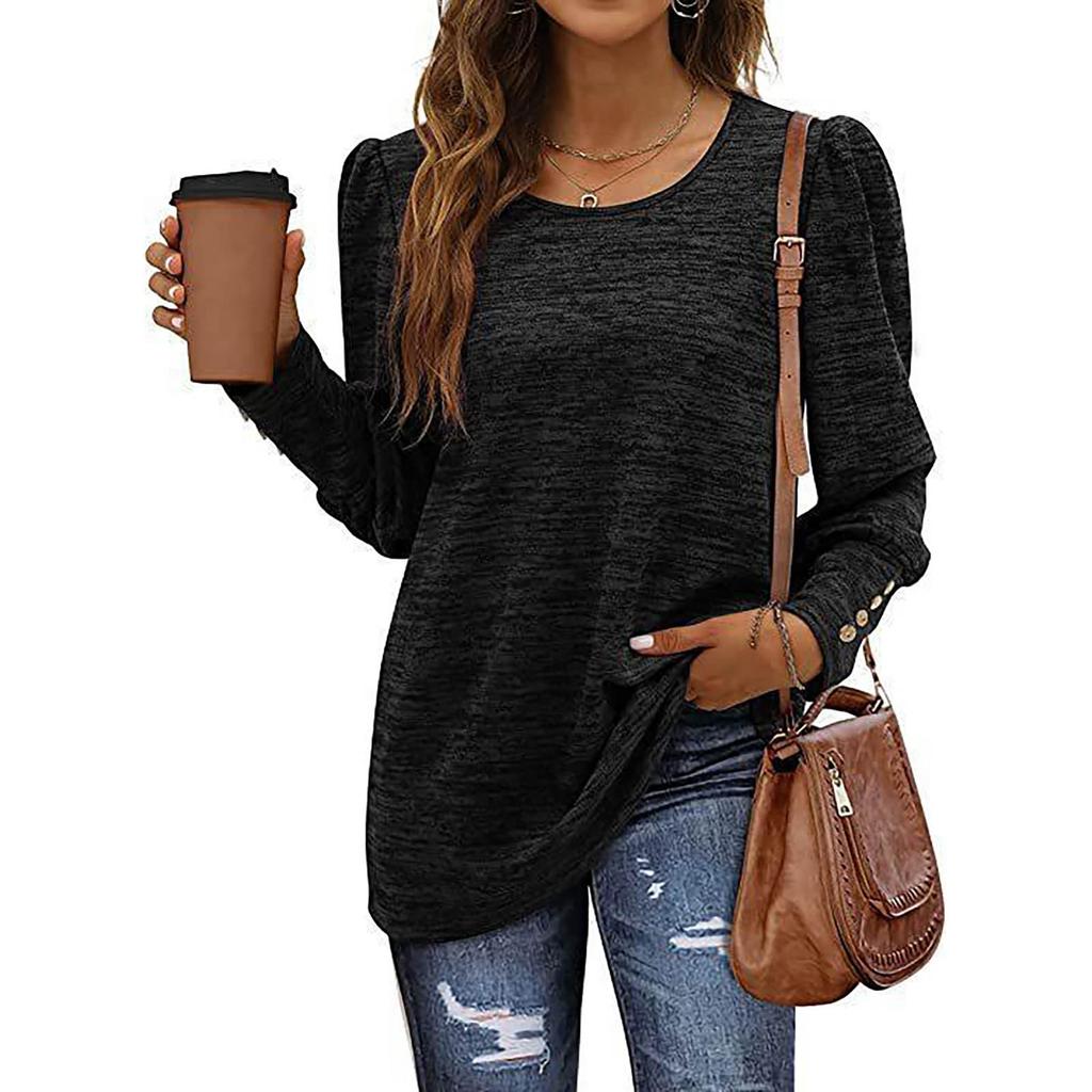 Women's Fashion Color Loose Casual Puffed Sleeves Round Neck Long Sleeve Tee Shirt Top