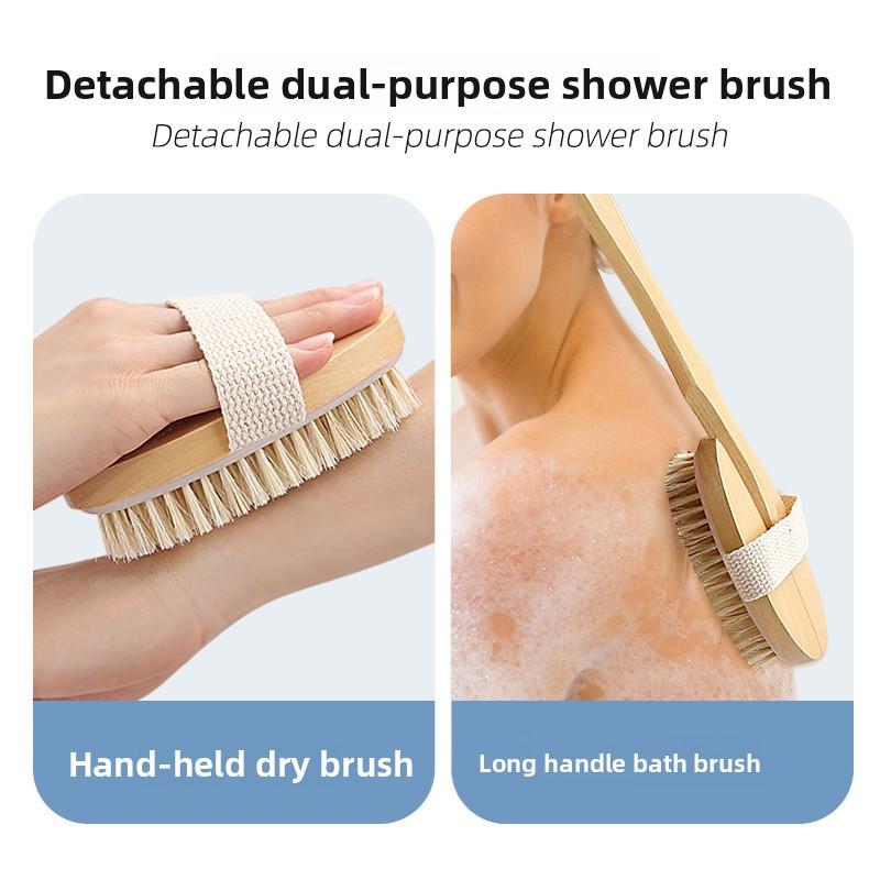 Perie de baie cu mâner lung din lemn pentru masaj, detașabilă, perie cu peri, păr moale, pentru frecat spatele, perie de baie