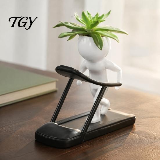 Minimalist Resin Flower Pot Creative Fitness Figure Pot, Succulents with Treadmill Yoga And Modern Plant Dumbbell Design, Funny Sports Themed Planter