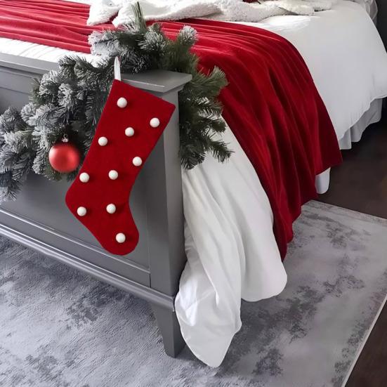 Christmas Stockings with Hanger Bowknot Plush Balls Decor Striped Print Candy Holder Festive Tree Decoration